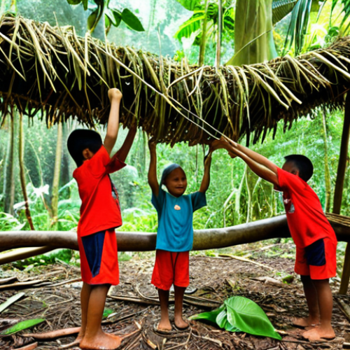**Image Prompt:** A group of Malaysian children are building a small shelter in a lush rainforest setting. They are using natural materials like branches and leaves. Some children are working together to lift a large branch, while others are weaving leaves into the structure. The scene emphasizes teamwork, cooperation, and the joy of learning in nature.