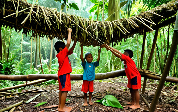 **Image Prompt:** A group of Malaysian children are building a small shelter in a lush rainforest setting. They are using natural materials like branches and leaves. Some children are working together to lift a large branch, while others are weaving leaves into the structure. The scene emphasizes teamwork, cooperation, and the joy of learning in nature.