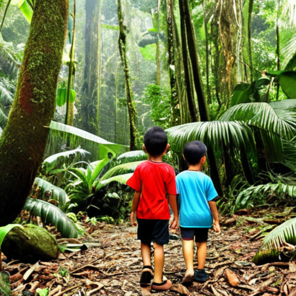 **Children exploring a Malaysian rainforest, guided by a nature educator. Focus on vibrant flora and fauna, emphasizing the joy and wonder of discovery.**