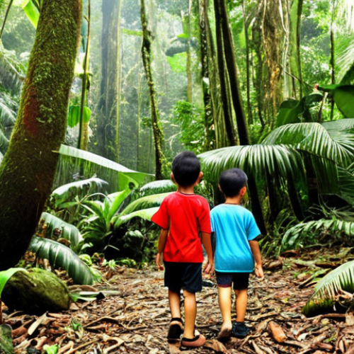 **Children exploring a Malaysian rainforest, guided by a nature educator. Focus on vibrant flora and fauna, emphasizing the joy and wonder of discovery.**