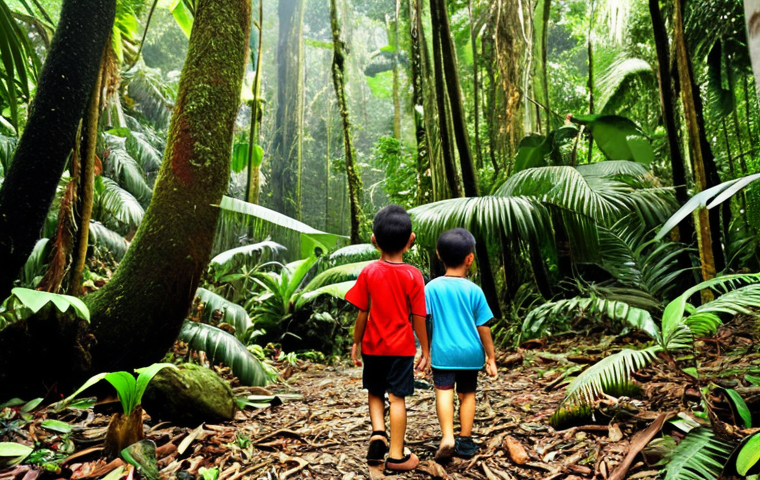**Children exploring a Malaysian rainforest, guided by a nature educator. Focus on vibrant flora and fauna, emphasizing the joy and wonder of discovery.**
