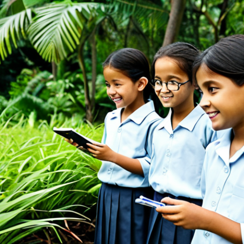 **

A group of fully clothed primary school children on a "treasure hunt" in a local Malaysian park. They are wearing their school uniforms (baju kurung for girls, collared shirts and trousers for boys), using magnifying glasses to examine plants and insects.  The park has lush tropical foliage.  Include a teacher, also fully clothed in modest attire. Focus on their expressions of curiosity and excitement.  Safe for work, appropriate content, family-friendly, perfect anatomy, correct proportions, natural pose, professional photography, high quality.

**
