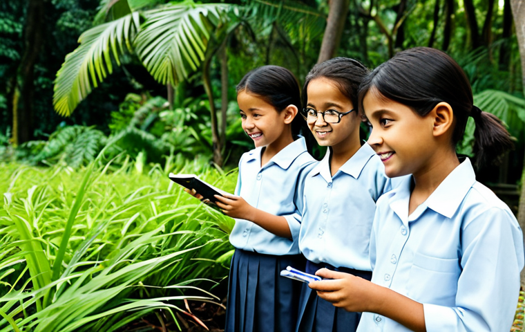 **

A group of fully clothed primary school children on a "treasure hunt" in a local Malaysian park. They are wearing their school uniforms (baju kurung for girls, collared shirts and trousers for boys), using magnifying glasses to examine plants and insects.  The park has lush tropical foliage.  Include a teacher, also fully clothed in modest attire. Focus on their expressions of curiosity and excitement.  Safe for work, appropriate content, family-friendly, perfect anatomy, correct proportions, natural pose, professional photography, high quality.

**