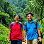 숲교육과 생태적 감수성 교육 - A family hiking on Bukit Gasing, Kuala Lumpur, fully clothed in appropriate hiking gear, surrounded ...