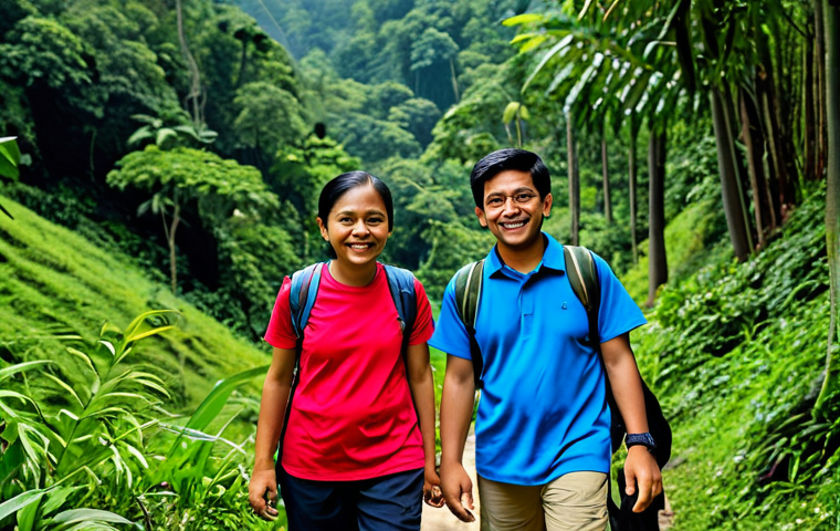 숲교육과 생태적 감수성 교육 - A family hiking on Bukit Gasing, Kuala Lumpur, fully clothed in appropriate hiking gear, surrounded ...