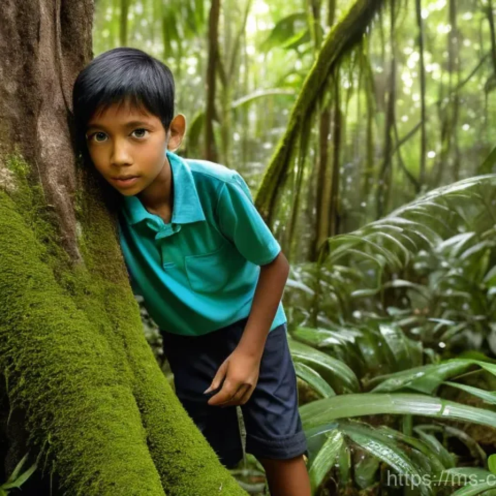 숲교육의 환경 교육 효과 - **Prompt:** A vibrant, eye-level photograph capturing a diverse group of Malaysian children, aged 8-...
