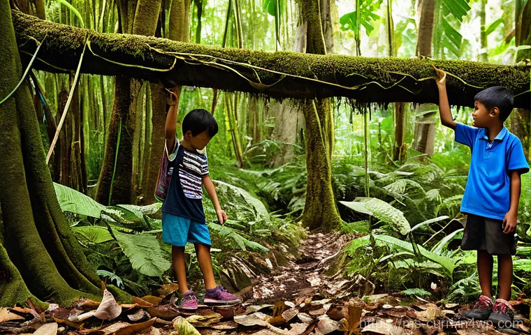 숲교육의 환경 교육 효과 - **Prompt:** A vibrant, eye-level photograph capturing a diverse group of Malaysian children, aged 8-...