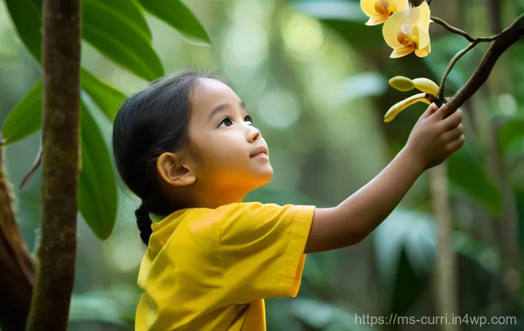 숲교육의 환경 교육 효과 - **Prompt:** A dynamic medium shot depicting three Malaysian children, aged 9-13, actively collaborat...