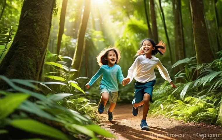 숲교육을 통한 건강 교육 - **Joyful Forest Exploration**
A group of energetic Malaysian children, aged 6-10, are running an...