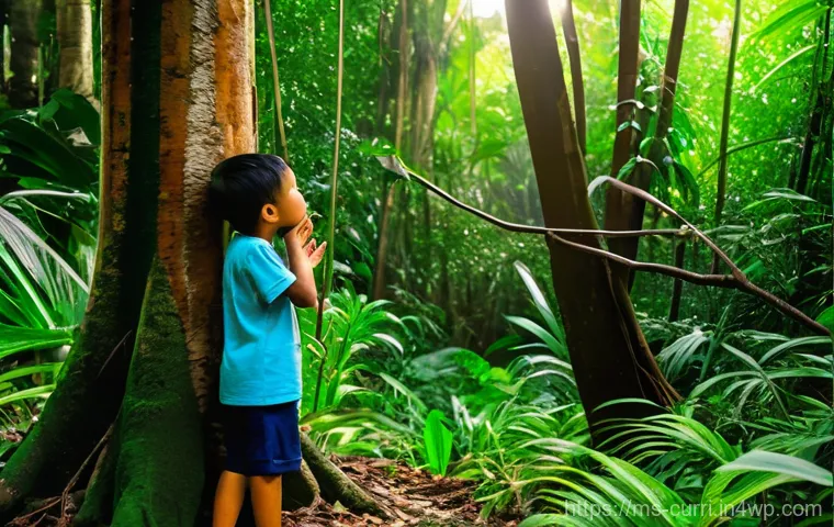 숲교육 커리큘럼의 실천 사례 - Image Prompt 1: Sensory Discovery in a Malaysian Rainforest** 숲교육 커리큘럼의 실천 사례 - Image Prompt 1: Sensory Discovery in a Malaysian Rainforest**