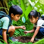 Home 22 숲교육에서의 프로젝트 기반 학습 - **Prompt 1: Children Discovering Nature's Wonders**
"A group of diverse Malaysian children, aged...