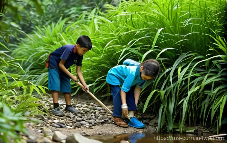 숲교육에서의 프로젝트 기반 학습 - **Prompt 2: Creative Outdoor Building Project**
    "A group of 7-10 year old children in a sun-dren...