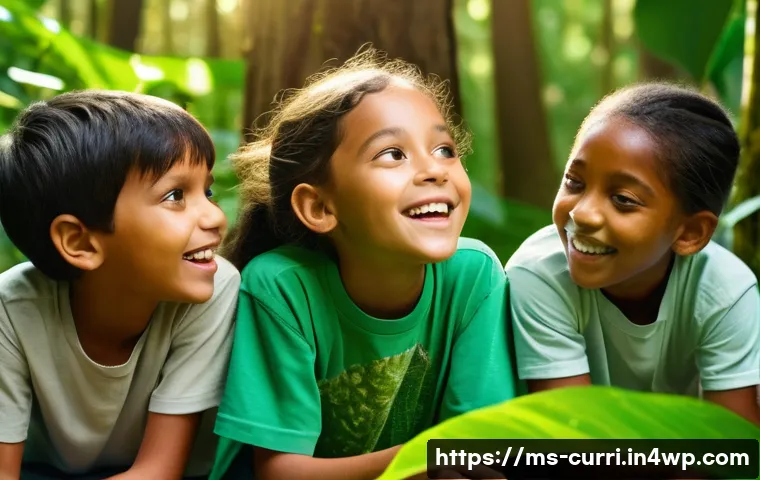 숲교육 프로그램의 효과적인 홍보 - **Prompt:** A diverse group of joyful children, aged 6-10, immersed in a sun-dappled tropical forest...