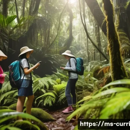 Home 32 숲교육에서 자연 탐험하기 - A vibrant Malaysian rainforest scene during daytime with a diverse group of people of various ages p...