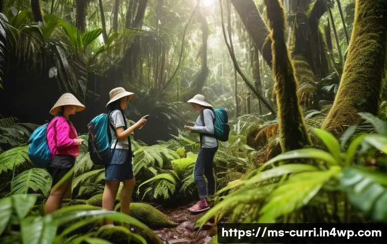 숲교육에서 자연 탐험하기 - A vibrant Malaysian rainforest scene during daytime with a diverse group of people of various ages p...