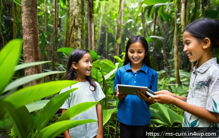 숲교육 커리큘럼 설계 방법 - A vibrant outdoor classroom scene in a lush Malaysian forest with a diverse group of Malay and indig...