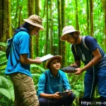Home 18 숲교육 커리큘럼의 피드백 과정 - A diverse group of Malaysian students and a teacher conducting a forest ecology field study in a tro...