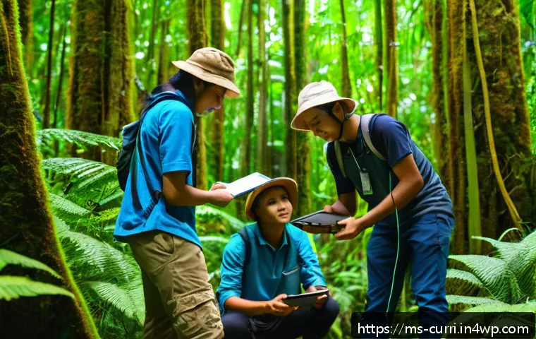 숲교육 커리큘럼의 피드백 과정 - A diverse group of Malaysian students and a teacher conducting a forest ecology field study in a tro...