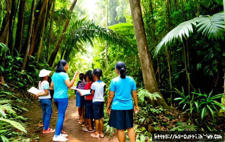 Home 17 숲교육을 위한 커뮤니티 참여 - Photorealistic community forest education activity in a lush Malaysian rainforest, Malay parents, ch...