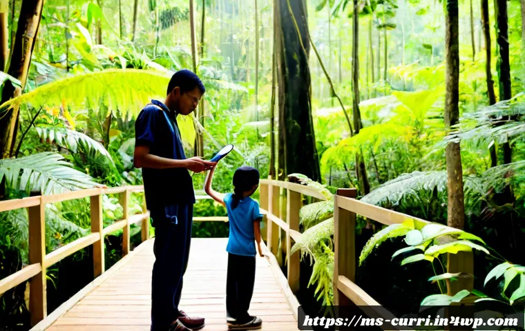 Home 17 숲교육을 위한 부모 참여 방법 - Photorealistic family forest education activity in a lush Malaysian rainforest reserve, Malay parent...