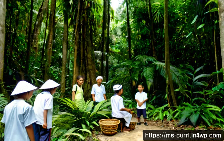 Home 17 숲교육 커리큘럼의 문화적 접근 - Photorealistic forest education session in a Malaysian rainforest, a local nature educator wearing m...